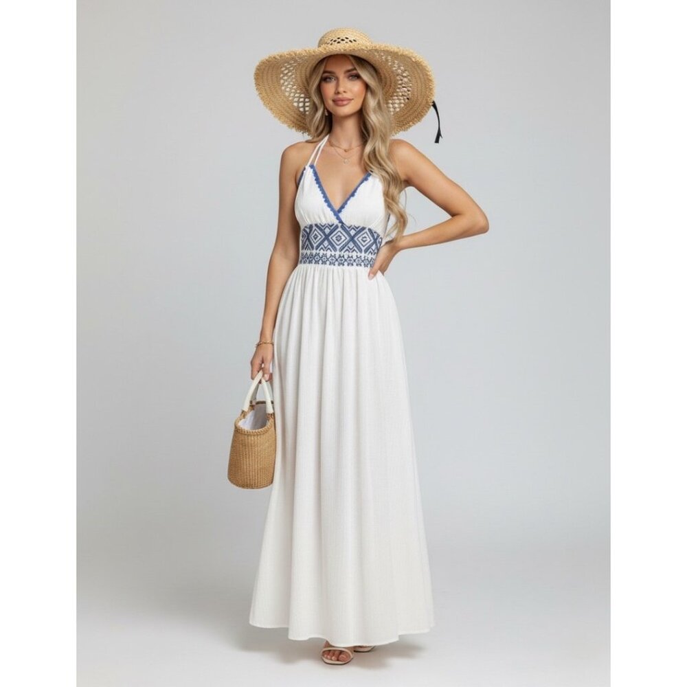 Boho Embroidered Split Hem Halter Dress White - Picture 3 of 8